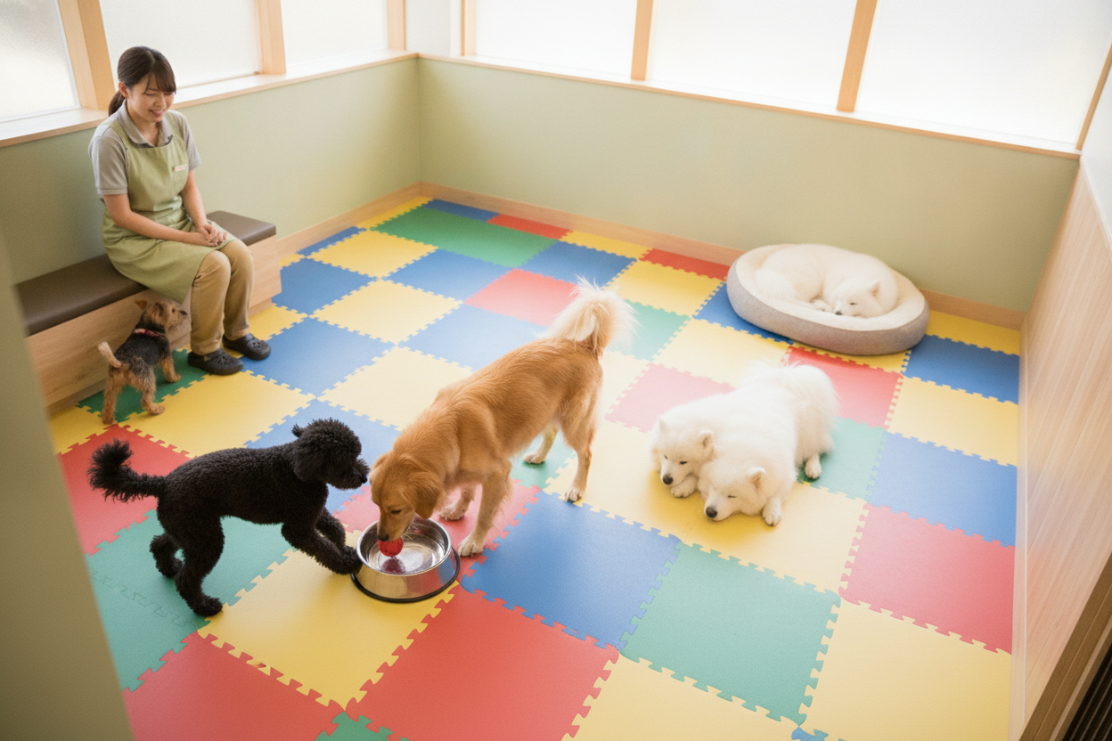 Cães com funcionária na creche supervisionada