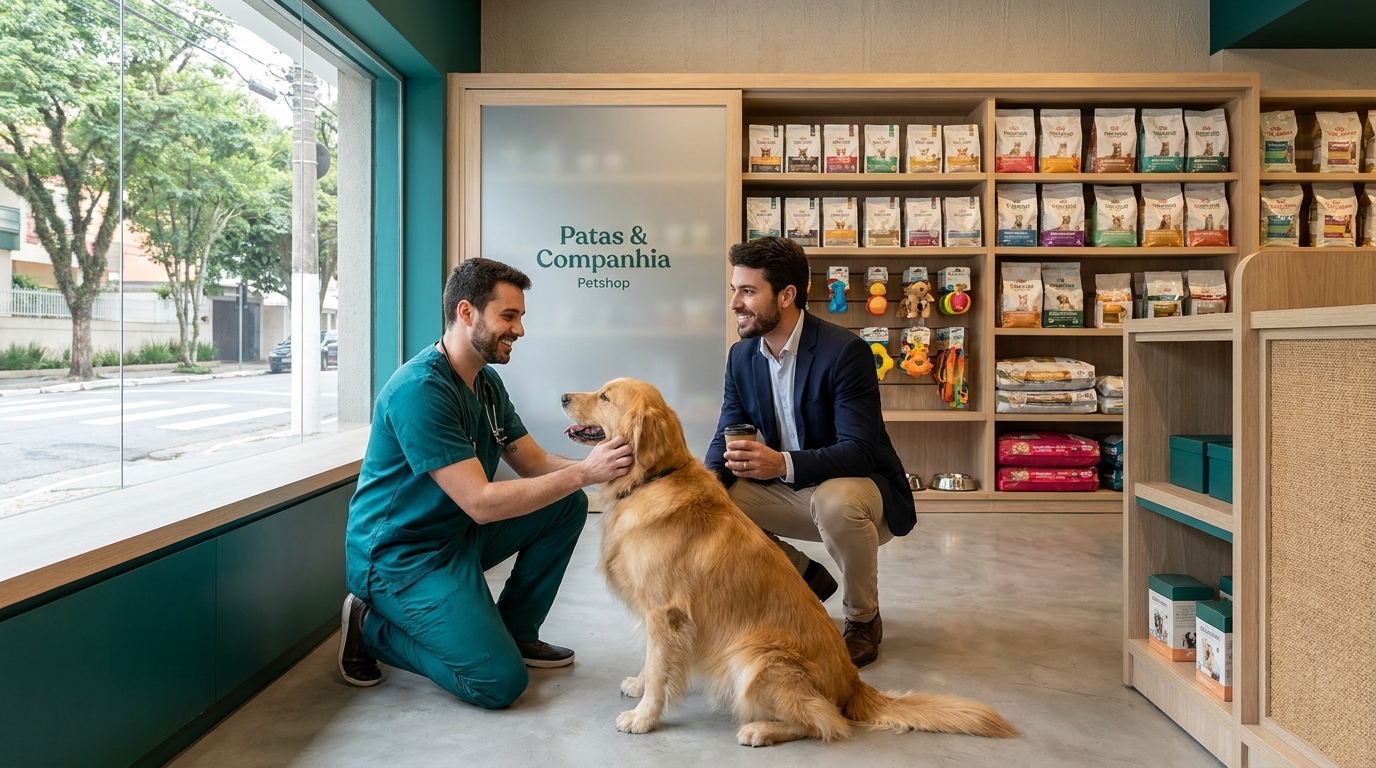 Cão e gato em ambiente moderno de petshop
