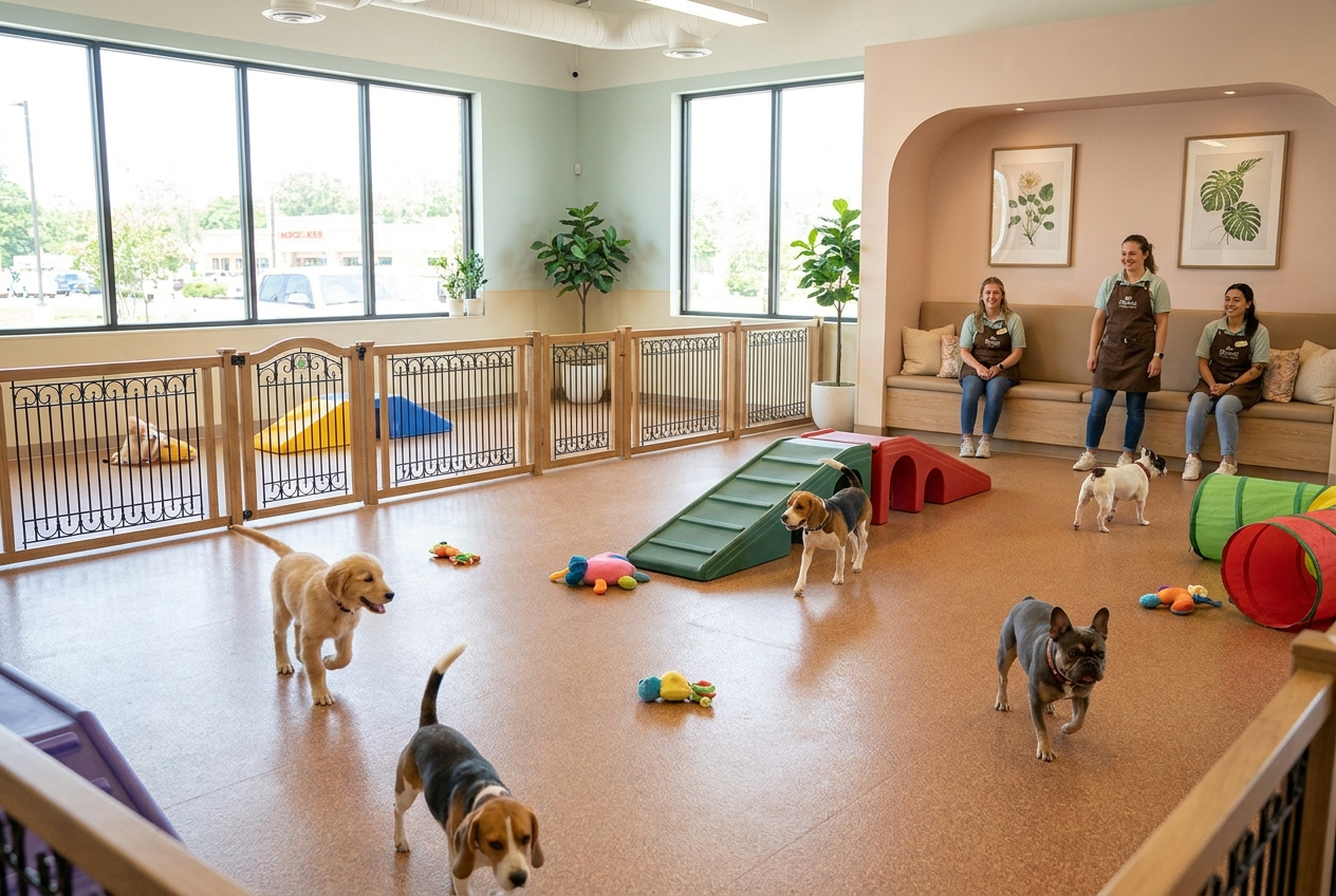 Espaço de creche pet com cães brincando