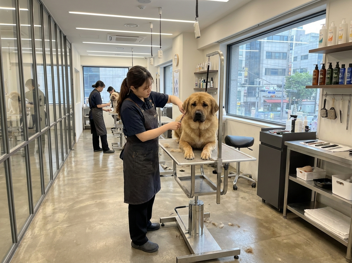 Tosa higiênica de pequeno cão em mesa profissional