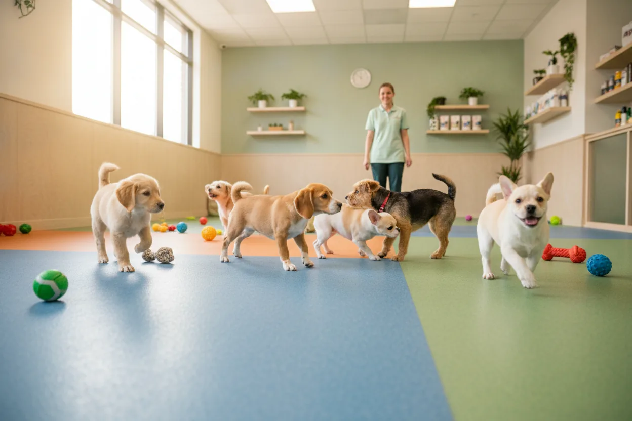Cães brincando na creche pet