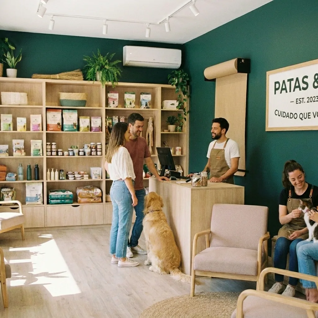 Tutor com cachorro em um petshop organizado